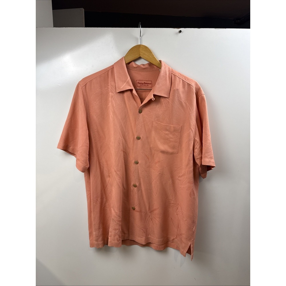Tommy Bahama Mens XL Shirt Button Up Floral Short Sleeve Silk Salmon